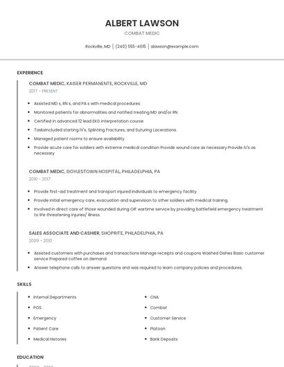 Combat Medic Resume