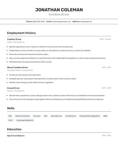 Combine Driver Resume