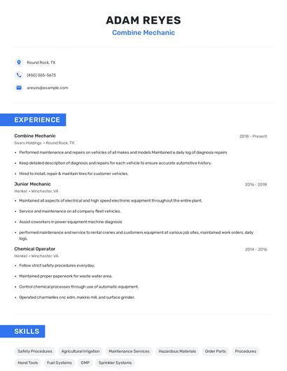 Combine Mechanic Resume