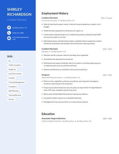 Combine Mechanic Resume