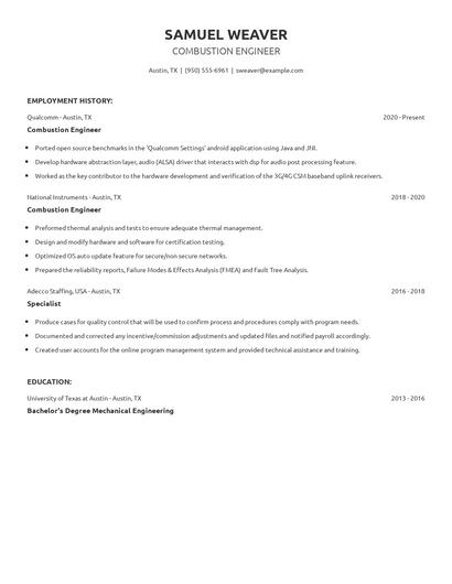 Combustion Engineer Resume