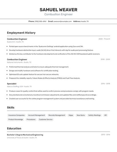 Combustion Engineer Resume