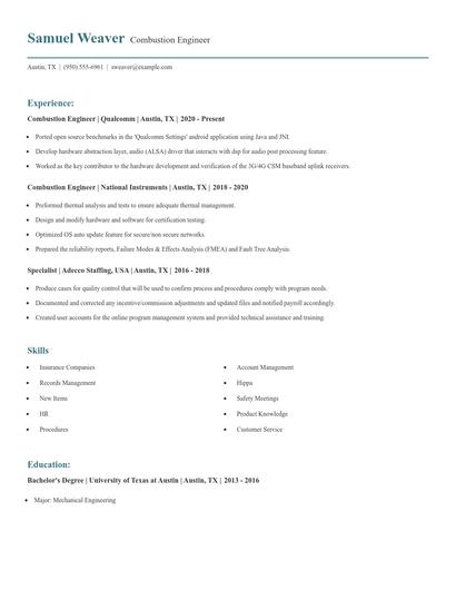 Combustion Engineer Resume