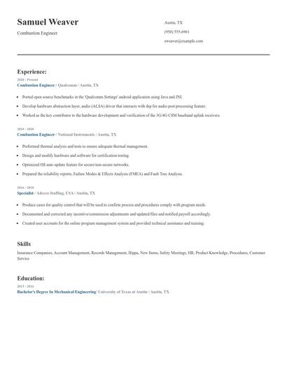 Combustion Engineer Resume