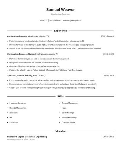 Combustion Engineer Resume