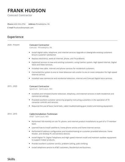 Comcast Contractor Resume