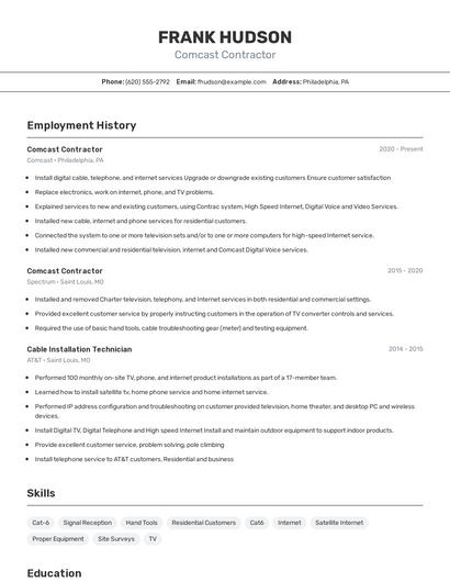 Comcast Contractor Resume