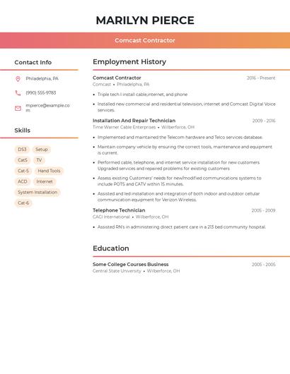 Comcast Contractor Resume