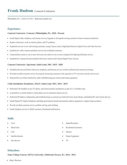 Comcast Contractor Resume
