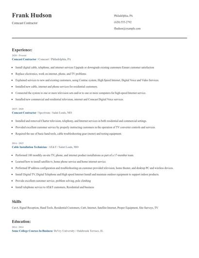 Comcast Contractor Resume