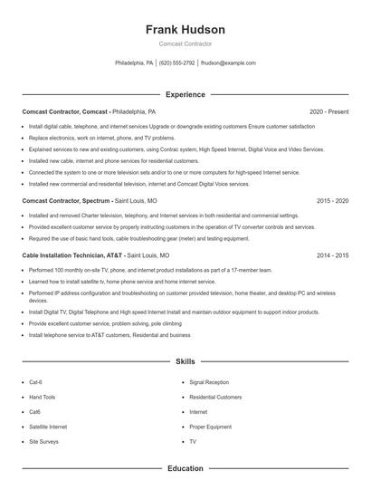 Comcast Contractor Resume