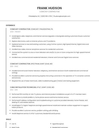 Comcast Contractor Resume