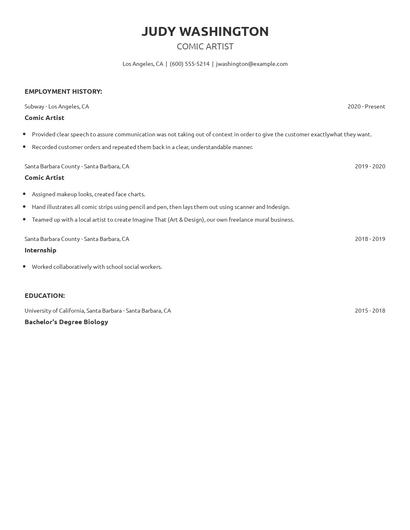 Comic Artist Resume