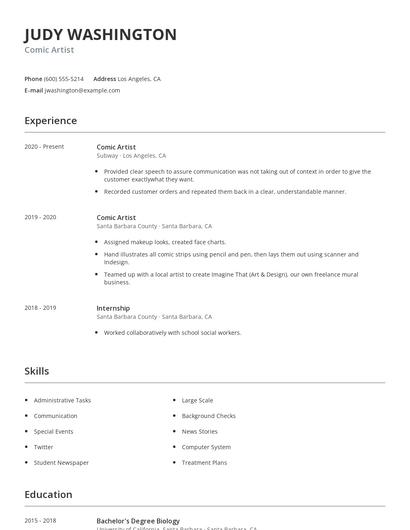 Comic Artist Resume
