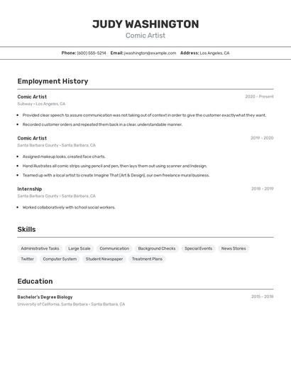 Comic Artist Resume