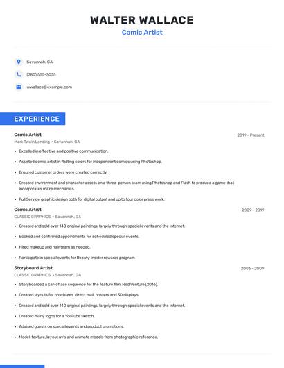 Comic Artist Resume
