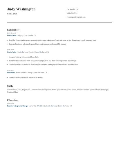 Comic Artist Resume