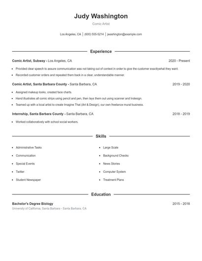 Comic Artist Resume