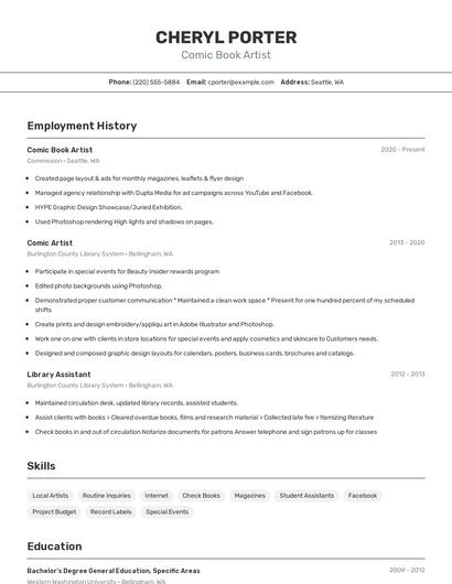 Comic Book Artist Resume