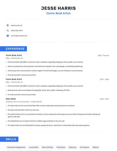 Comic Book Artist Resume