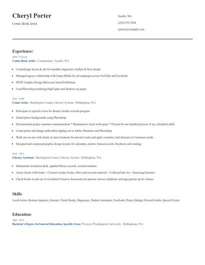 Comic Book Artist Resume
