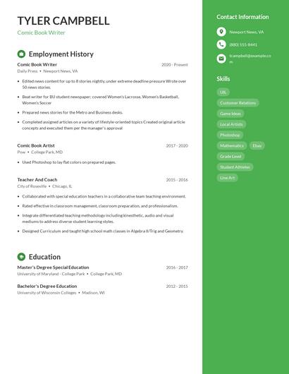 Comic Book Writer Resume