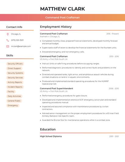 Command Post Craftsman Resume
