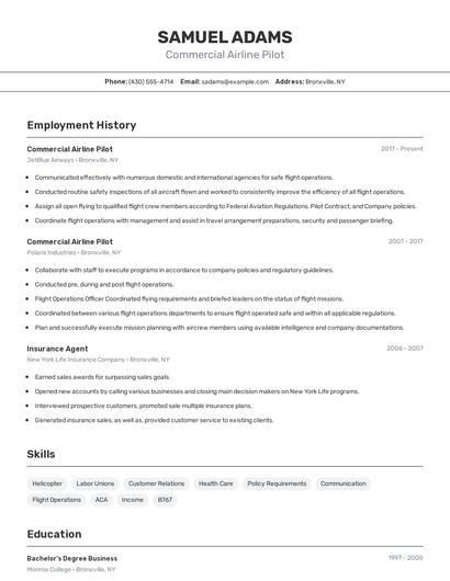 Commercial Airline Pilot Resume