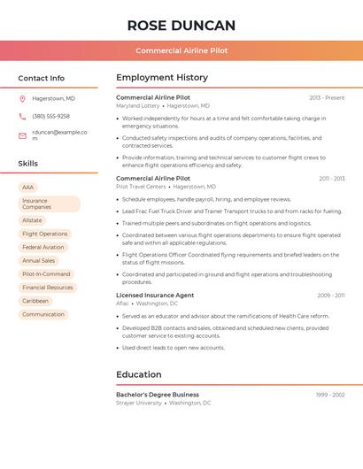 Commercial Airline Pilot Resume