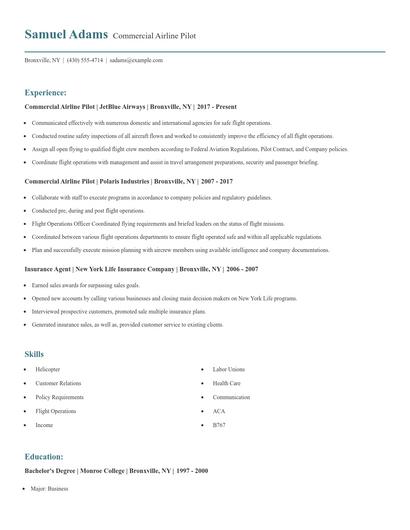 Commercial Airline Pilot Resume