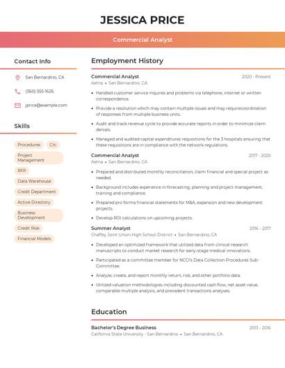 Commercial Analyst Resume