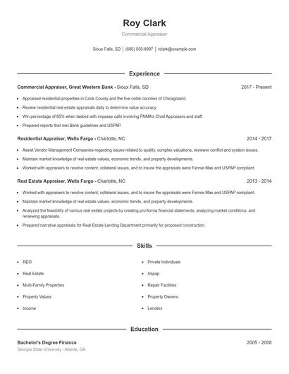 Commercial Appraiser Resume