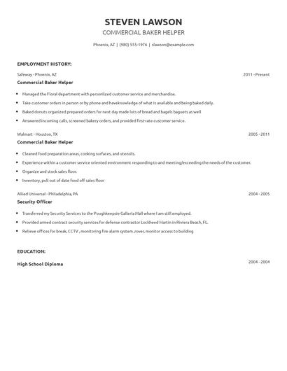 Commercial Baker Helper Resume