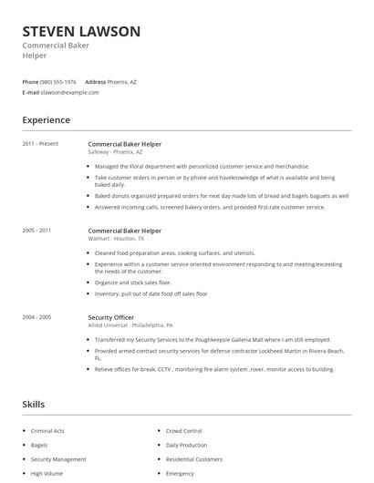 Commercial Baker Helper Resume