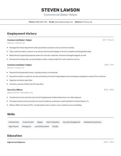 Commercial Baker Helper Resume