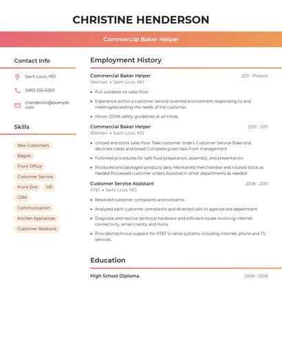 Commercial Baker Helper Resume