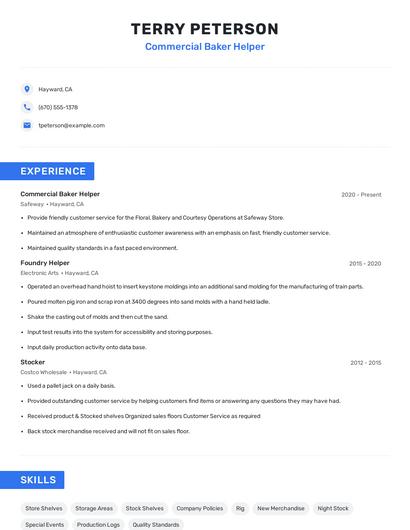 Commercial Baker Helper Resume