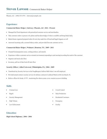 Commercial Baker Helper Resume