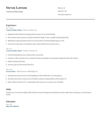 Commercial Baker Helper Resume