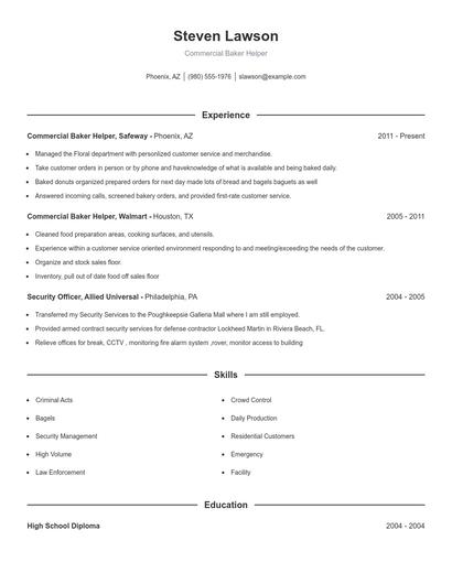 Commercial Baker Helper Resume