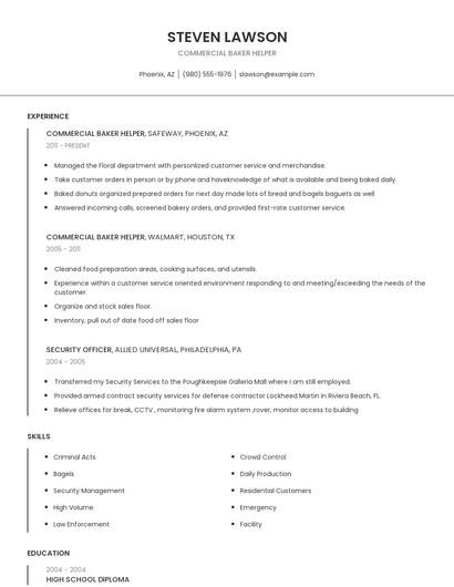 Commercial Baker Helper Resume