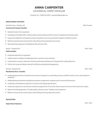 Commercial Carpet Installer Resume