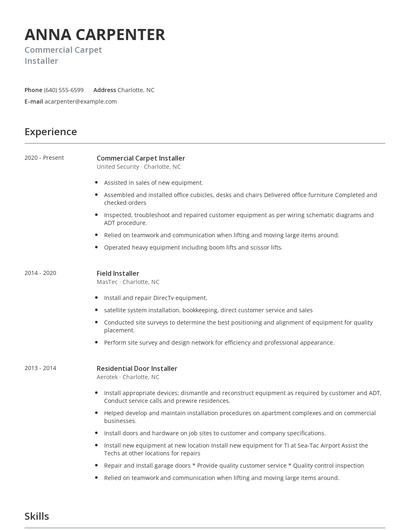 Commercial Carpet Installer Resume