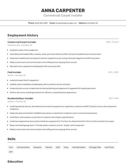 Commercial Carpet Installer Resume