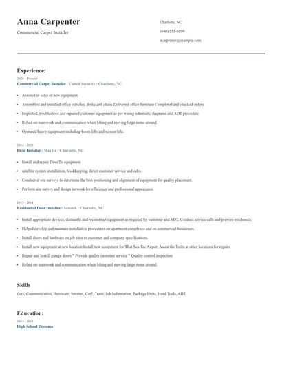 Commercial Carpet Installer Resume