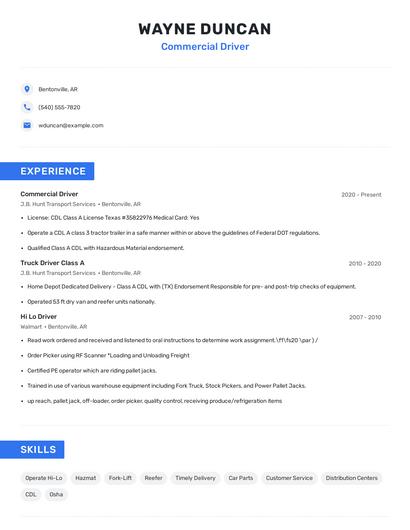 Commercial Driver Resume