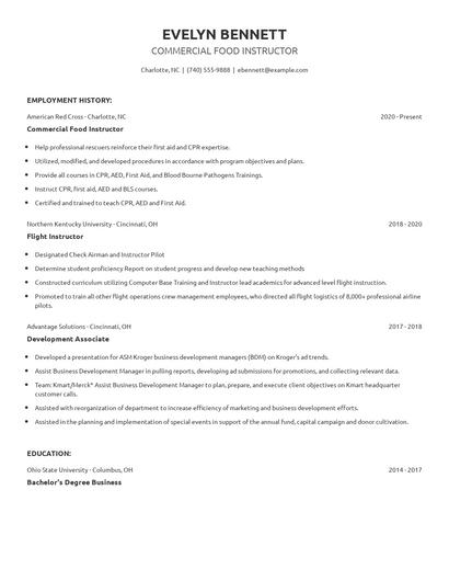 Commercial Food Instructor Resume