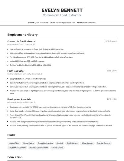 Commercial Food Instructor Resume