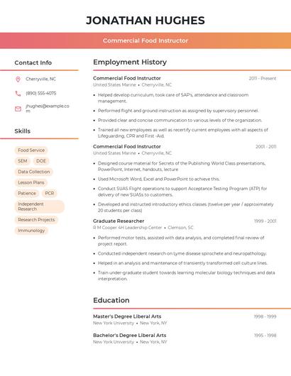 Commercial Food Instructor Resume