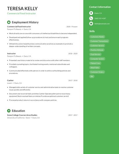 Commercial Food Instructor Resume